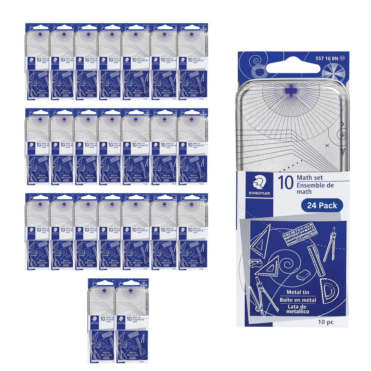 STAEDTLER Geometry Set, 24-Pack, 10 Pieces Per Set, Math Set with Compass and Protractor Set, Ruler and Square Set, Drawing and Measuring Tools with Storage Case for Students, 240 Total Pieces