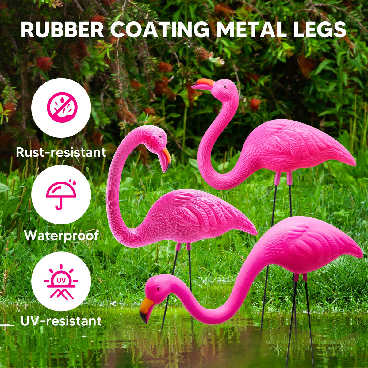 JOYIN 3 Pack Large Pink Flamingo Yard Decorations, Medium Plastic Lawn Flamingo Ornament Stakes with Rubber Coating Metal Legs for Yard, Garden, Luau Party Gift (11in x 20in)