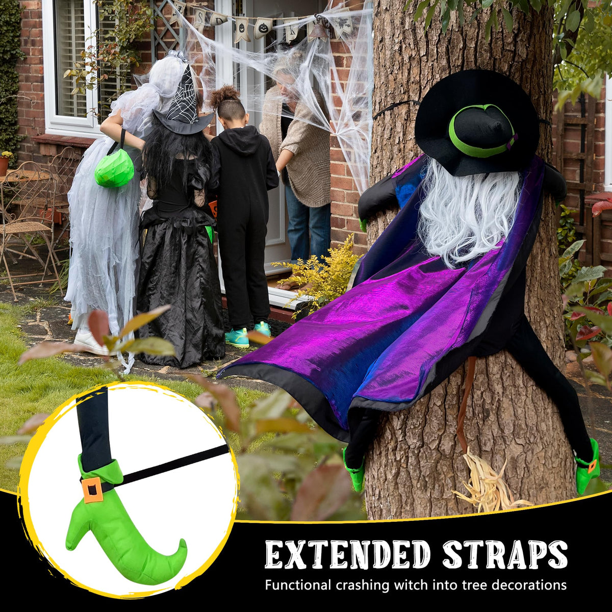POPGIFTU 64" Large Crashing Witch into Tree Halloween Outdoor Decoration – Funny Flying Witch Yard Prop for Porch, Garden & Lawn, Weather-Resistant Halloween Decor