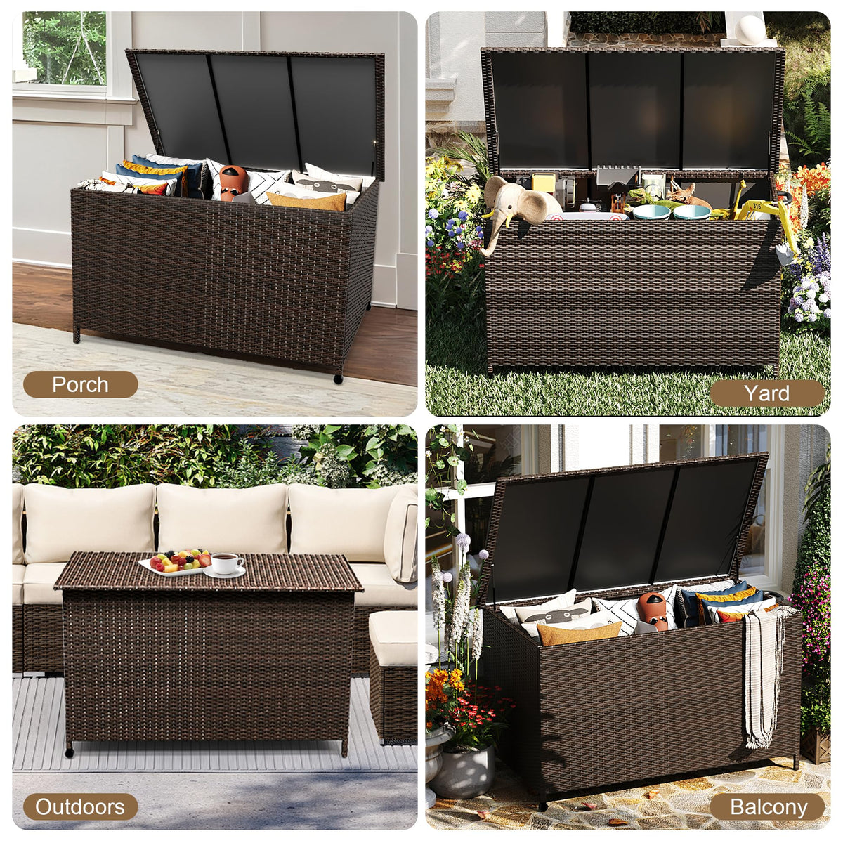MilleLoom 185 Gallon Outdoor Storage Box with Wheels - Large Wicker Rattan Deck Box for Patio Cushions, Garden Tools, Pool Floats & Pillows, All-Weather Patio Furniture Storage, Brown