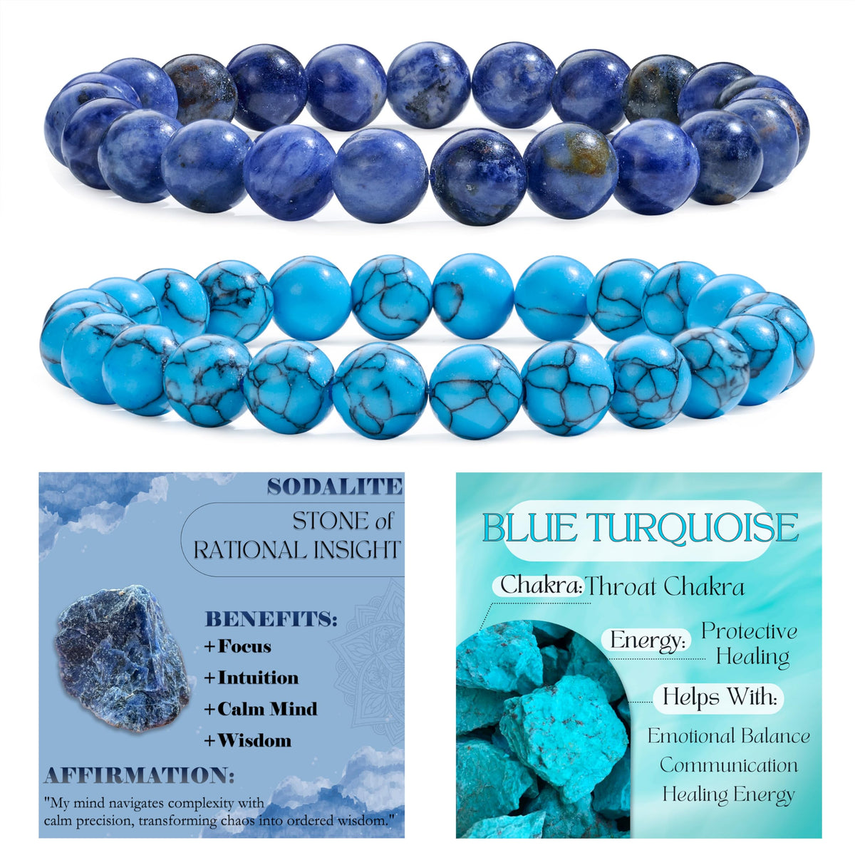 Bivei 2-Piece 8mm Beaded Bracelets for Women – Sodalite, Blue Turquoise – Handmade Natural Crystal Stretch Elastic Jewelry for Meditation, Yoga, Protection Gifts