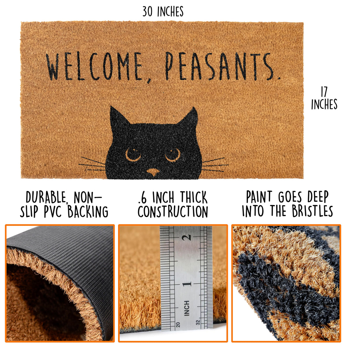 Welcome Peasants Cat Doormat 30x17 Inch, Funny Black Cat Door Mat for Covered Area, Funny Welcome Mat Gift w/ Non-slip PVC Backing