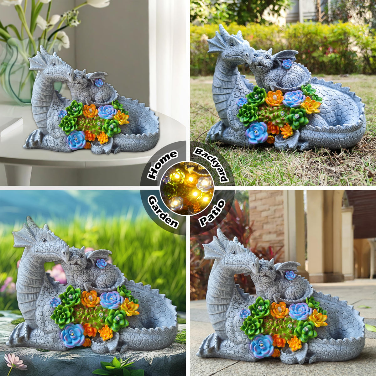 Yardancer Dragon Solar Garden Statues Outdoor Decoration with Succulent and 6 LED Lights,Dragon Figurine Solar Lights Lawn Décor,Outside Statue Ornament for Patio, Balcony, Yard,Unique Gift for Mom
