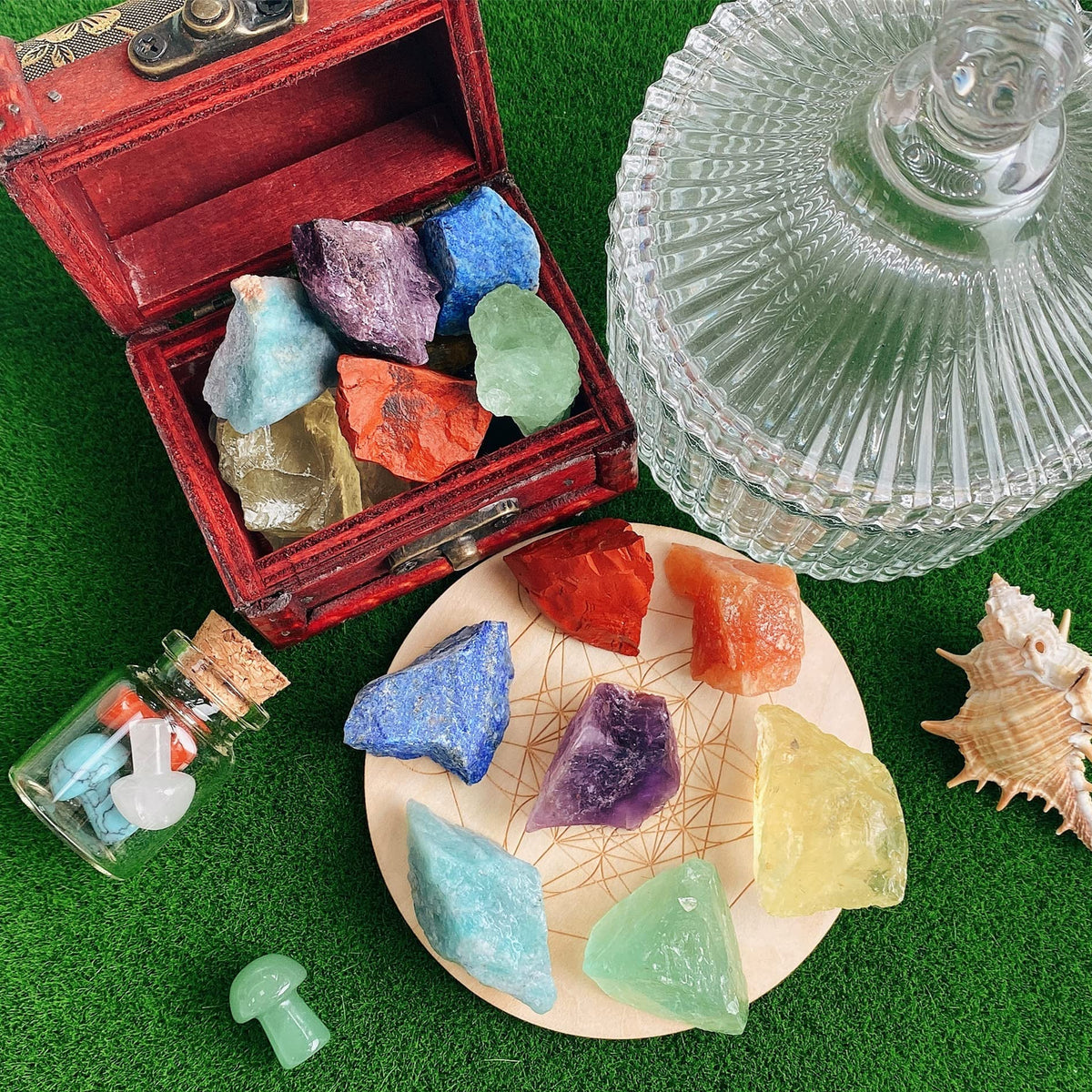QINJIEJIE 7 Chakra Crystal Raw Healing Crystals Rough Stones Large 1" Assorted Gemstones for Tumbling, Cabbing, Fountain Rocks, Decoration, Polishing, Wicca Reiki