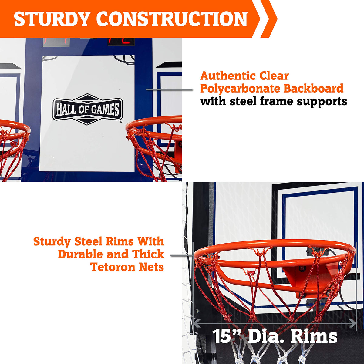 Hall of Games Premium Arcade Cage Basketball Game with Steel Frame and Polycarbonate Backboard, Dual Shot LED Scoring with 6 Size 8.5 Inch Basketballs