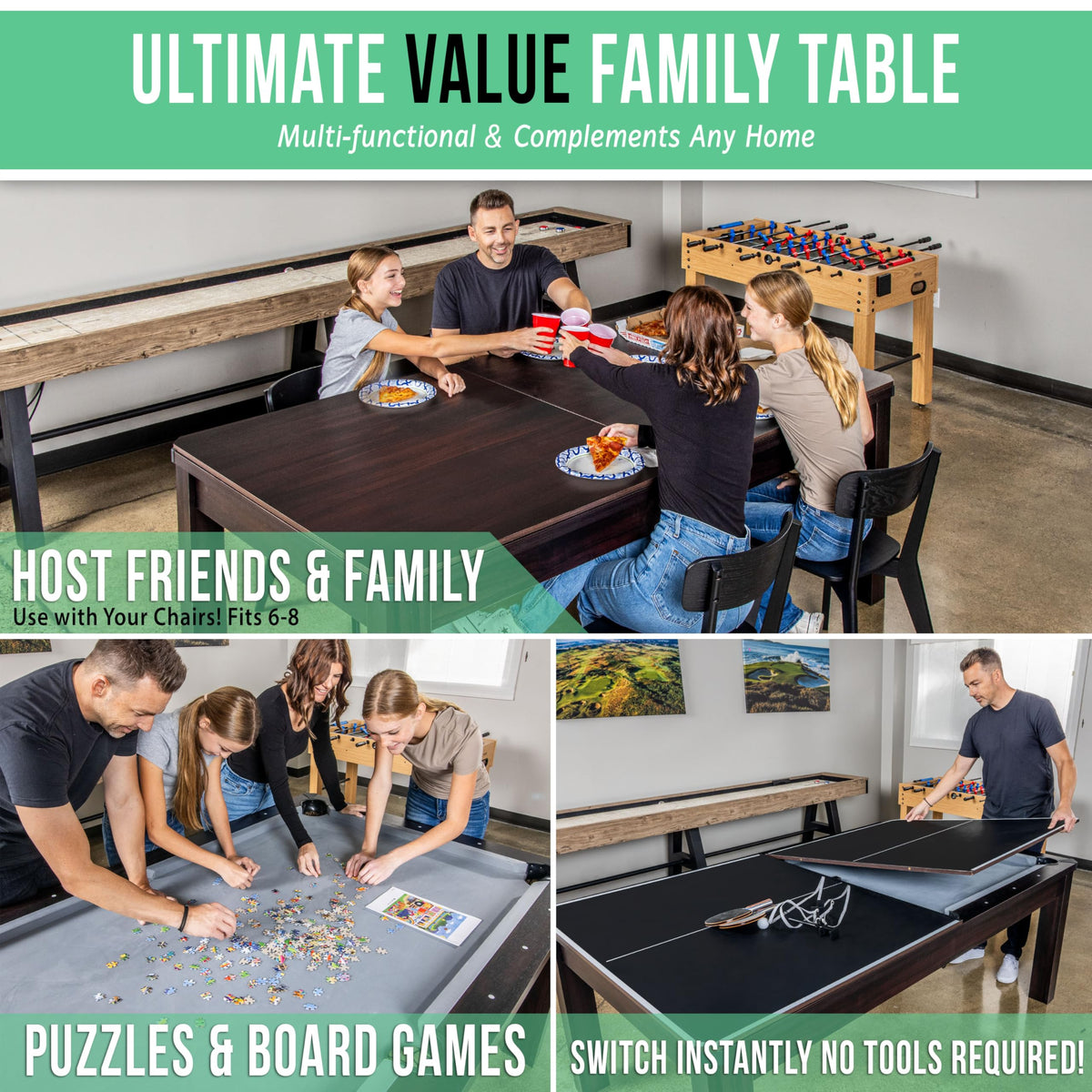 GoSports 7 ft 3 in 1 Pool, Dining, & Table Tennis Combo Table - Convertible Top Game Table with Billiards and Table Tennis Accessories