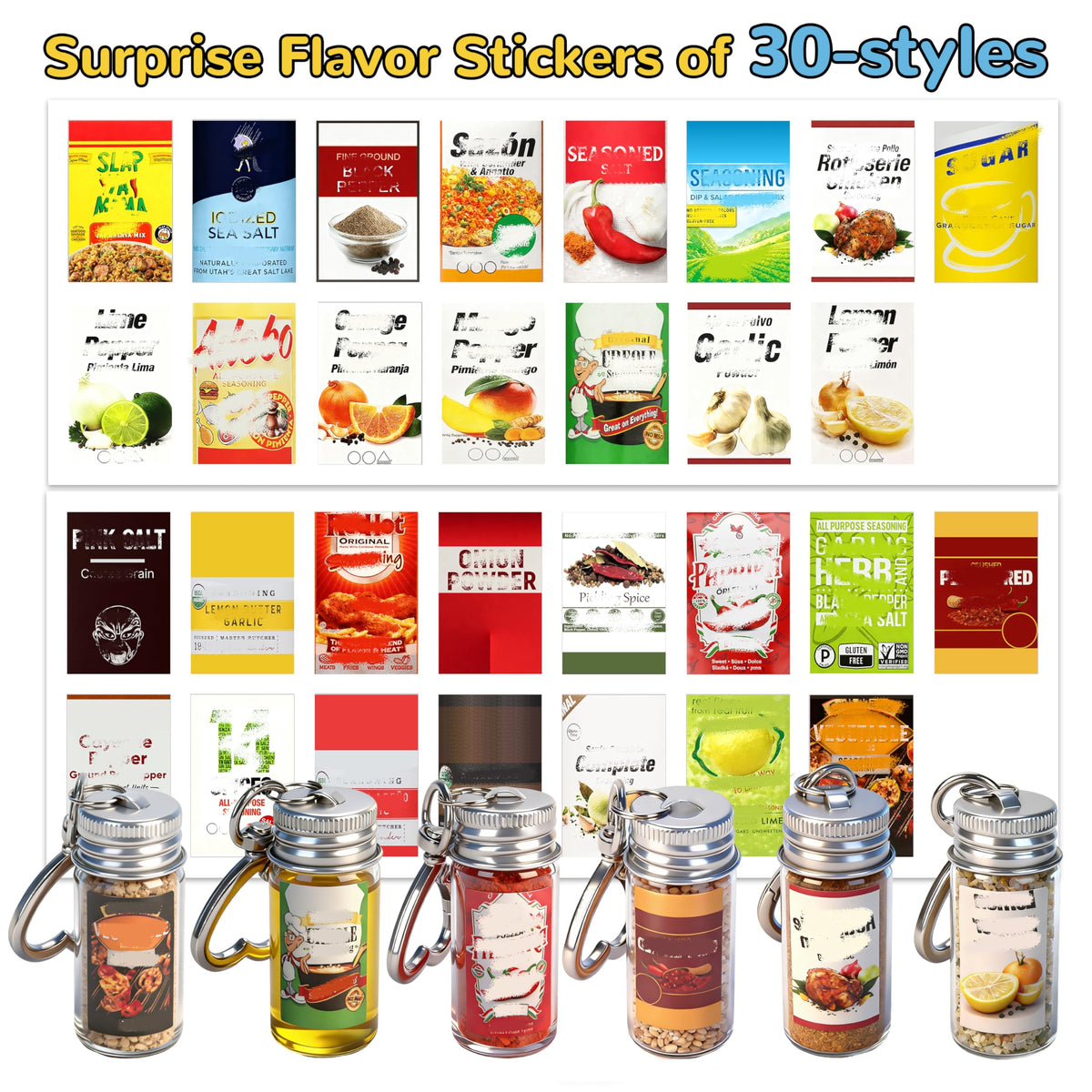 FANTOVO Mini Seasoning Keychain Bottle Set, 6 Pcs Empty Spice Jar with Mini Funnels & DIY Stickers of 30 Styles, On-the-Go Airtight Keychain Holders for Travel, Outdoors, Lunchboxes, Camping, 6+2+4 Total.