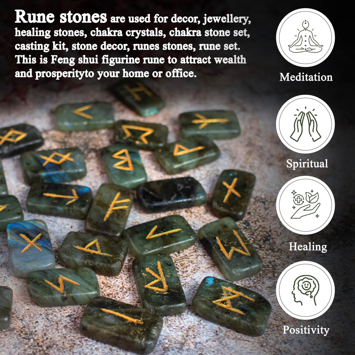 Crocon Labradorite Rectangle Shape Gemstone Rune Stones with Elder Futhark Alphabet Engraved 25 pcs Rune Set Crystal Divination Metaphysical Healing Chakra Reiki Runes Set with a Pouch Size: 21-26mm