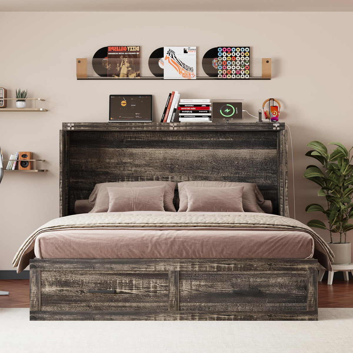 Queen Murphy Bed with Charging Station,Farmhouse Murphy Beds w/Large Storage Drawer,Hideaway Foldable Platform Bed for Guest Bedroom, Living Room, Office,Small Room,Pull Out Bedframe,Grey