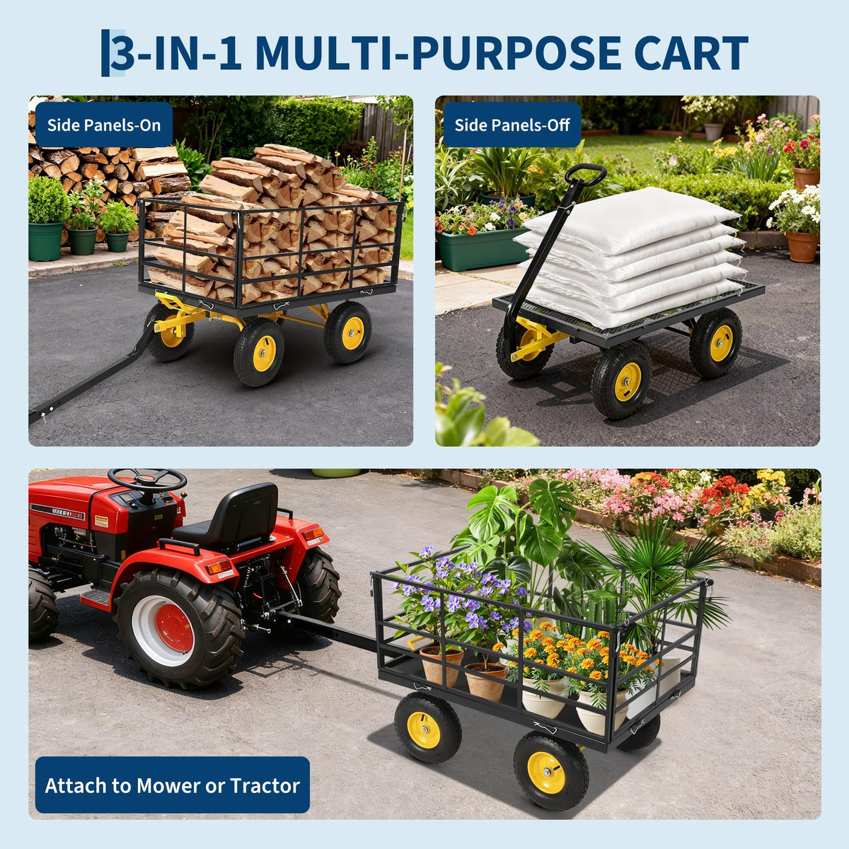 1400 LB Heavy Duty Garden Wagon Cart – 13" All-Terrain Tires, 3-in-1 Utility Yard Trailer with Removable Side Panels, Outdoor Metal Wagon for Lawn, Yard, Backyard