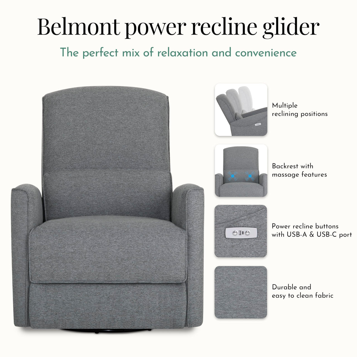 Evolur Belmont Nursery Glider Chair with Massager in Cosmic Grey, Power Recliner with 275° Swivel, Lumbar Support Modern Rocking Chair for Baby Room, Nursery & Living Room
