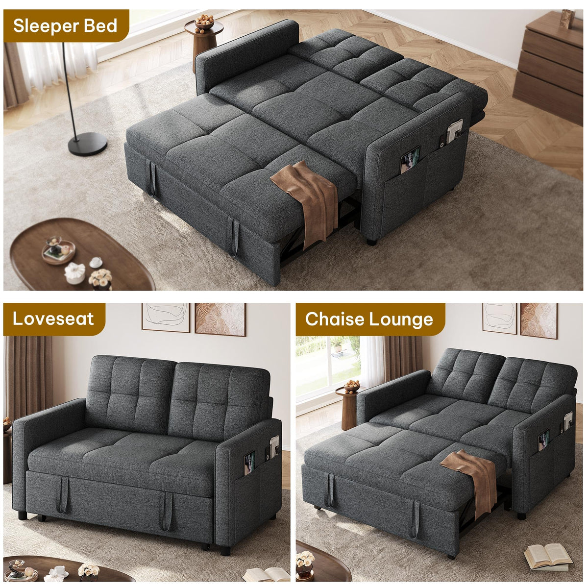YITAHOME 55" Convertible Sofa Bed, 3-in-1 Sleeper Sofa with Iron Frame Pull-Out Bed, Linen Futon Couch with Reclining Backrest and Side Pocket, Modern Loveseat for Living Room Bedroom Apartment, Grey