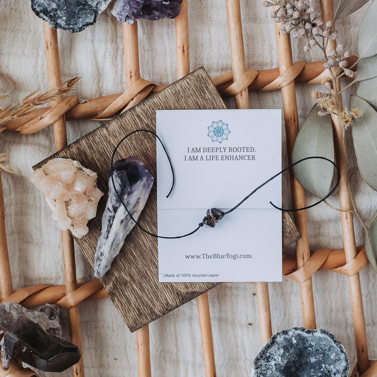 The Blue Yogi Healing band -2 in 1 protection Bracelet/Anklet with an affirmation- Tie Closure (Smoky Quartz)