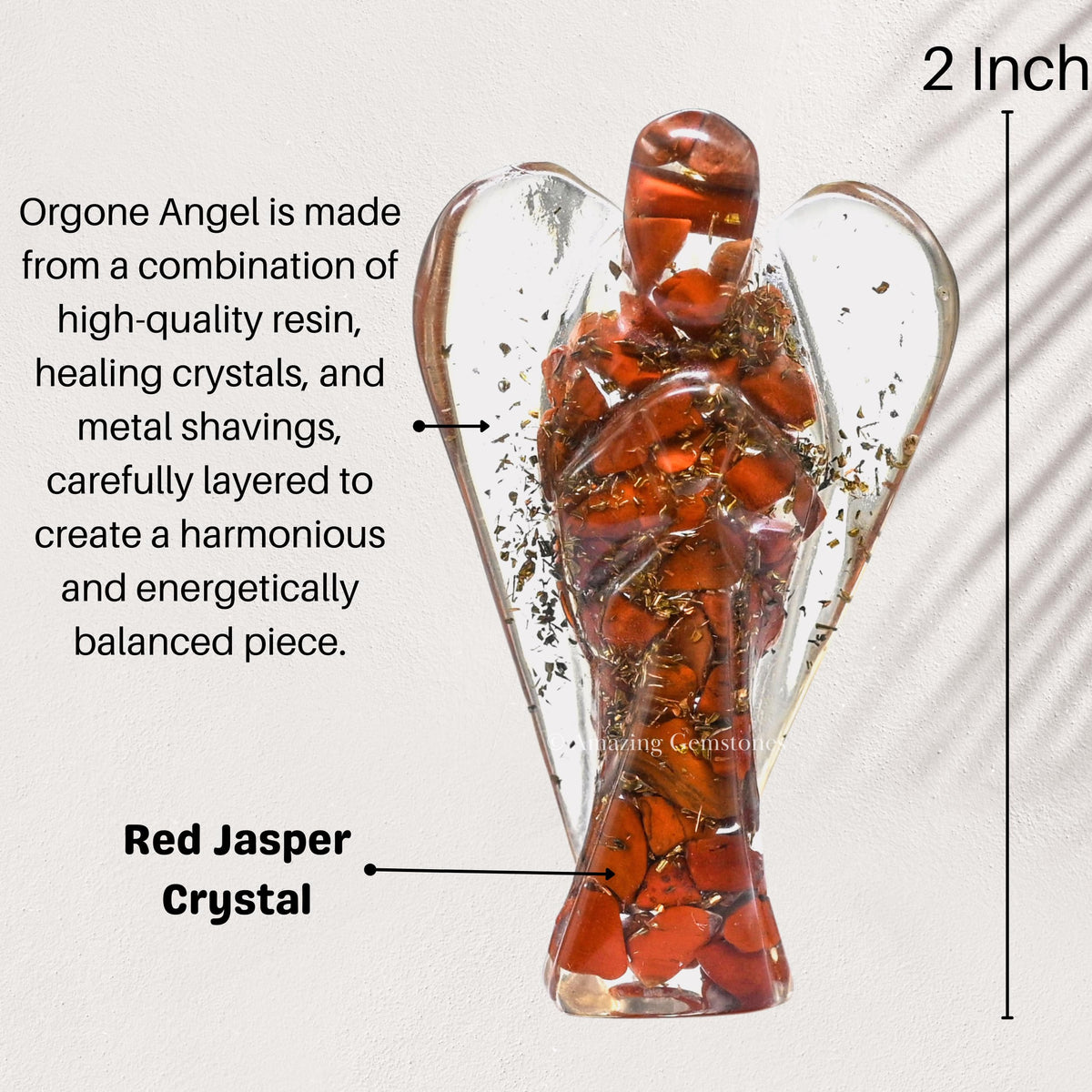 Amazing Gemstone Red Jasper Guardian Angel Figurine Pocket Crystal Angel for Protection - Orgone Guardian Angel with Orgonite Layer and Natural Crystal for Healing Gift (2 Inch, Organite)