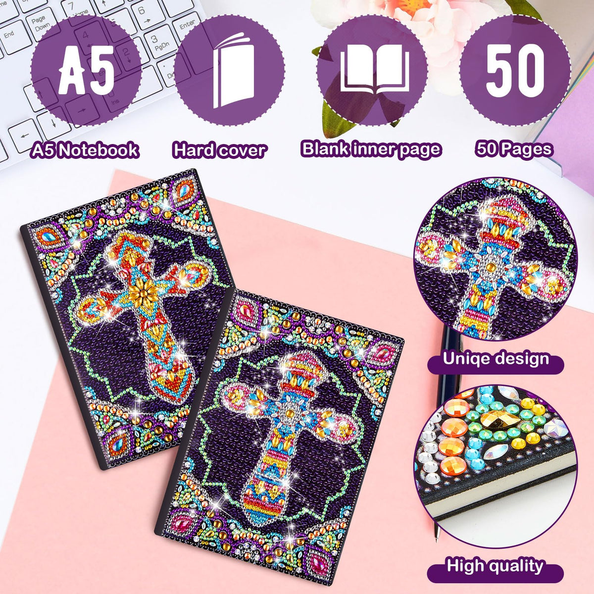 Qilery 2 Pcs 5d Diamond Art Kits for Adults, DIY Leather Diamond Painting Journals Notebooks Bible Cross Gem Dots Art Crafts for Adults, Beginners, Birthdays, Graduation Gifts with Tools
