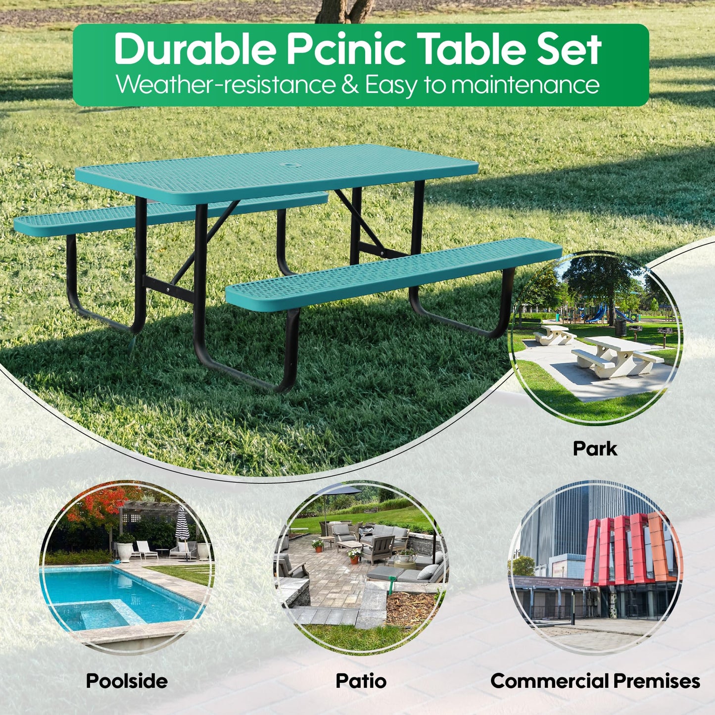 4FT Metal Picnic Tables for Outdoors, Commercial Rectangular Picnic Table and Bench Set for Outside, Patio, Garden, Backyard, Porch, Surface Mount, Green