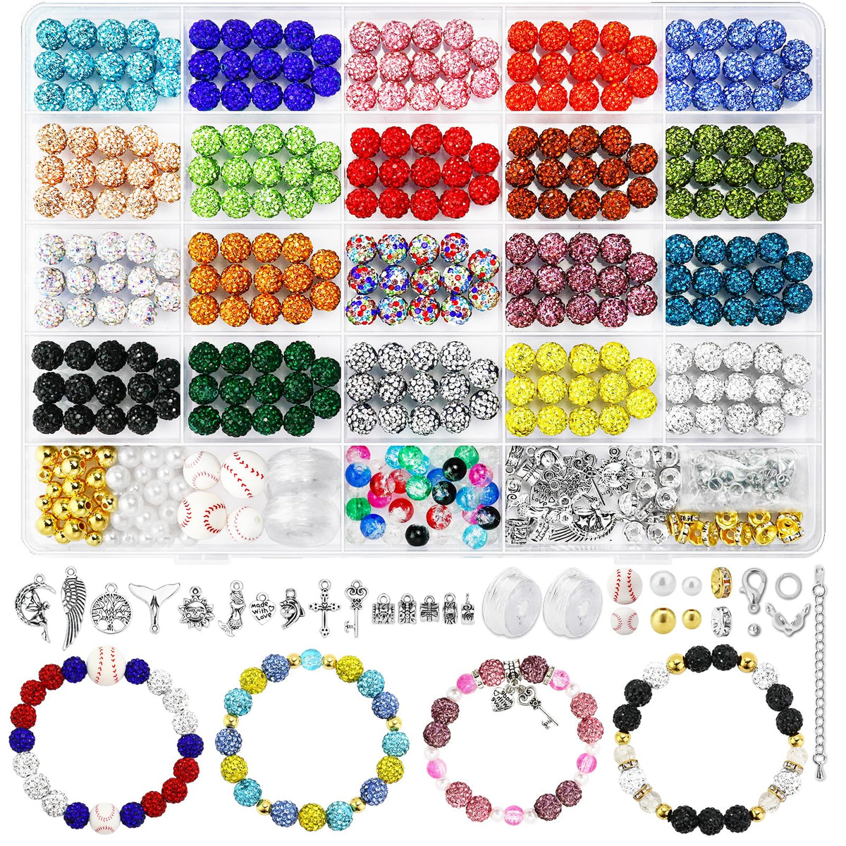 Dowarm 480PCS 10mm Rhinestone Beads Kit for Jewelry Making Baseball Necklace Friendship Bracelet, Round Disco Ball Rhinestone Clay Beading Set with Crackle Spacer Beads Charms for DIY Crafting