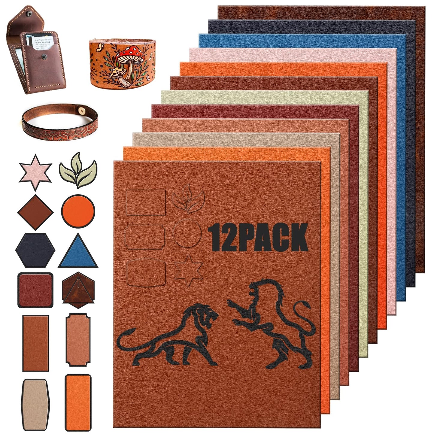 12-Pack Laserable Leatherette Sheets 12.6 x 9 Inch-Leather Patches for Hats with Heat Press/Transfer Adhesive, Laser Engraving Leather for Caps/Jackets/Backpacks (12 Colors)