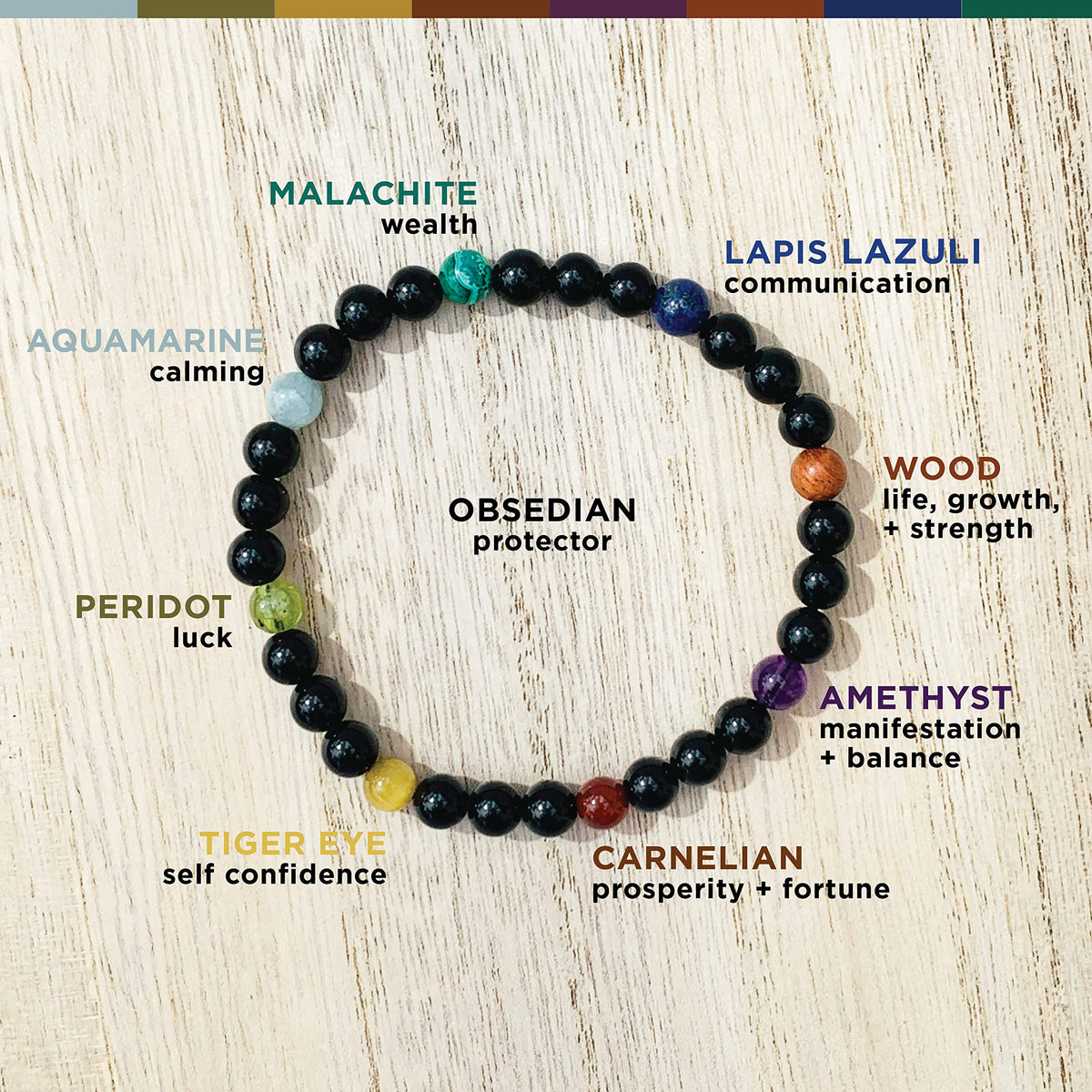 Joyfulmuze Black Obsidian Stretch Bracelet for Men, Multiple Natural Gemstones Yellow Tiger Eye, Green Peridot, Amethyst, Wood, Carnelian, Malachite, Aquamarine, Handmade Gift Chakra Jewelry, 6mm
