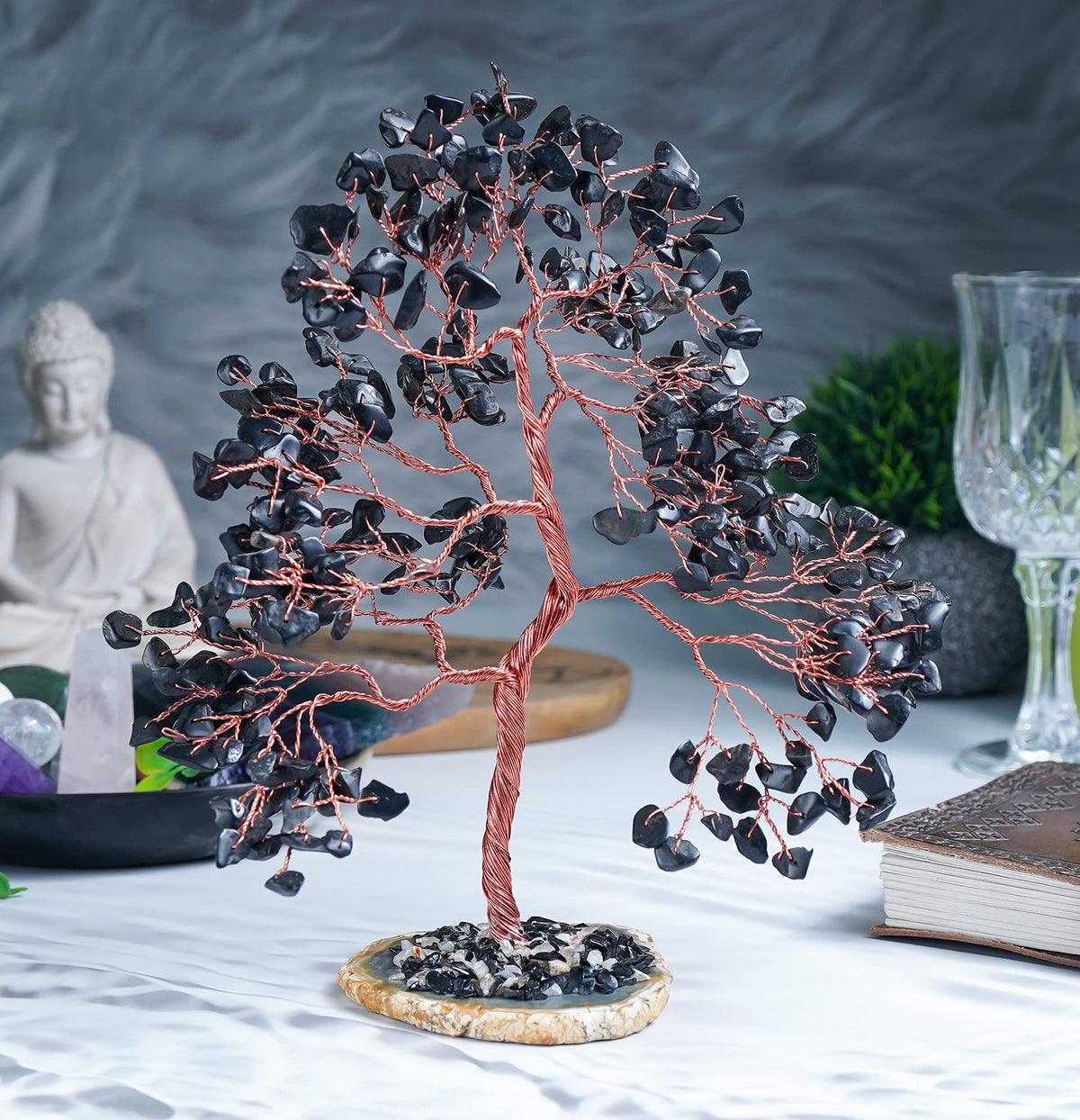 Crocon® Black Tourmaline Gemstone Tree Geode Agate Slice Base, Handmade Crystal Tree for Positive Energy, Attract Good Luck, Chakra Tree of Life, Black Healing Stone for Root Chakra, Meditation Gift