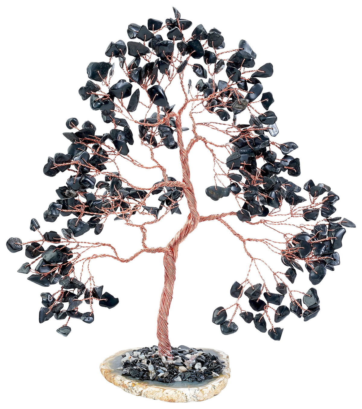 Crocon® Black Tourmaline Gemstone Tree Geode Agate Slice Base, Handmade Crystal Tree for Positive Energy, Attract Good Luck, Chakra Tree of Life, Black Healing Stone for Root Chakra, Meditation Gift