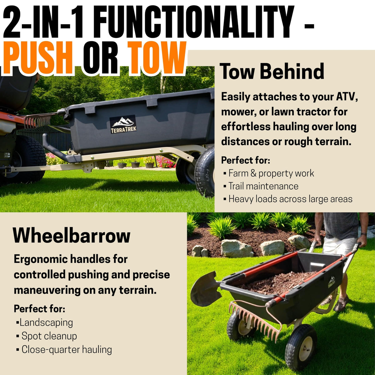 TerraTrek Heavy-Duty Garden Cart on Wheels – 7 Cu. Ft. 2-in-1 Utility Wagon & Wheelbarrow, Push or Tow Design, 600 lb. Capacity, All-Terrain Utility Cart with 13" Pneumatic Wheels