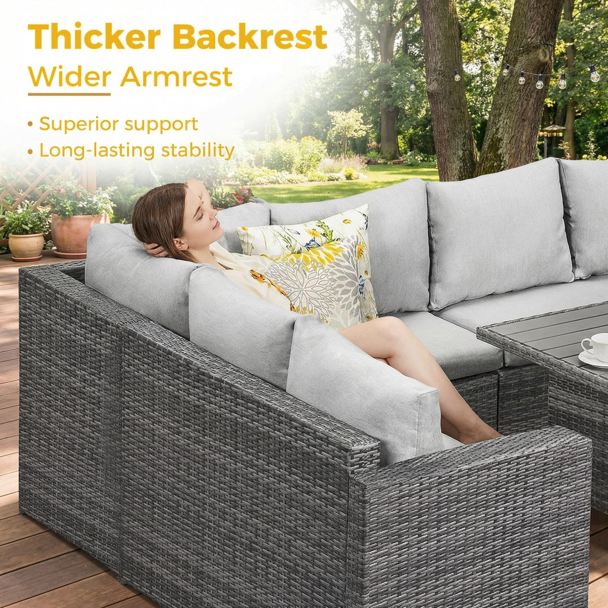 Wisteria Lane 7 Piece Patio Furniture Set, Wicker Patio Sectional with Wide Armrest, All Weather Outdoor Dining Set, Outdoor Furniture Patio Conversation Set with Ottoman, Ash Gray