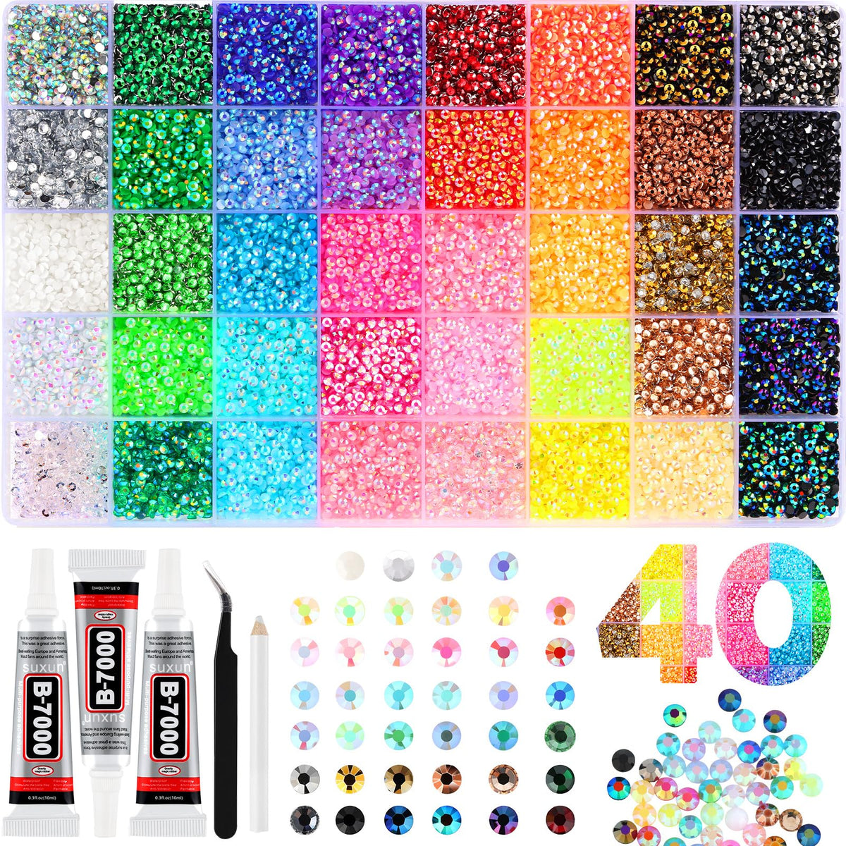 Zefy 40000 Pcs Resin Jelly Rhinestones for Bedazzling, 40 Colors 3mm Flatback Gems for Crafting, Bedazzling Kit with 3Pcs B7000 Glue for Clothing Shoes Nail Book Diamond Art