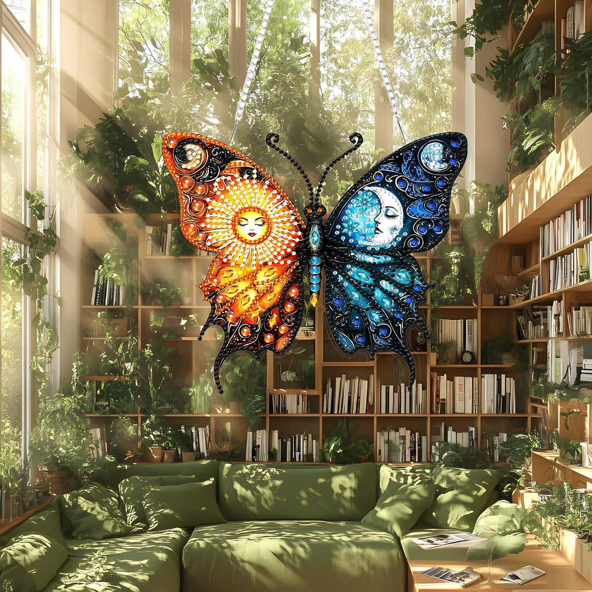 Lxmsja DIY Sun Moon Diamond Painting Hanging Ornament, Double-Sided Acrylic Butterfly Diamond Art Kit, Special Shaped Drill Pendant Window Art Kit, Suncatcher Hanging Craft Decoration 7x8 inch