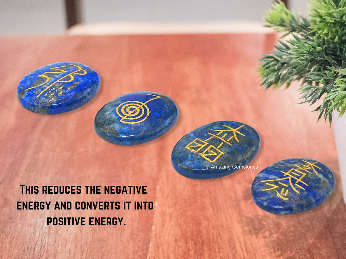 Amazing Gemstone Lapis Lazuli Crystal Reiki Stones with Engraved Symbols for Usui Reiki Healing, Set of 4 Pcs (Indian Handmade Reiki Gift Set)