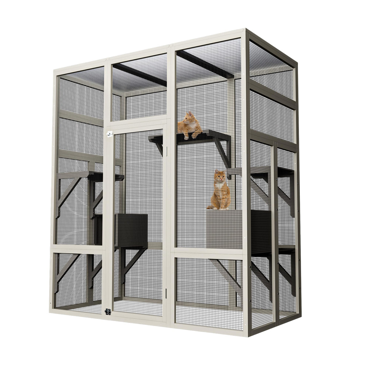70" Large Outdoor Catio Cat Enclosure, Wood Cat Patio with Waterproof UV-Resistant Roof, Cats Shelter with 5 Platforms and 2 Resting Box, and Secure Rust-Proof Wire for Backyard or Patio
