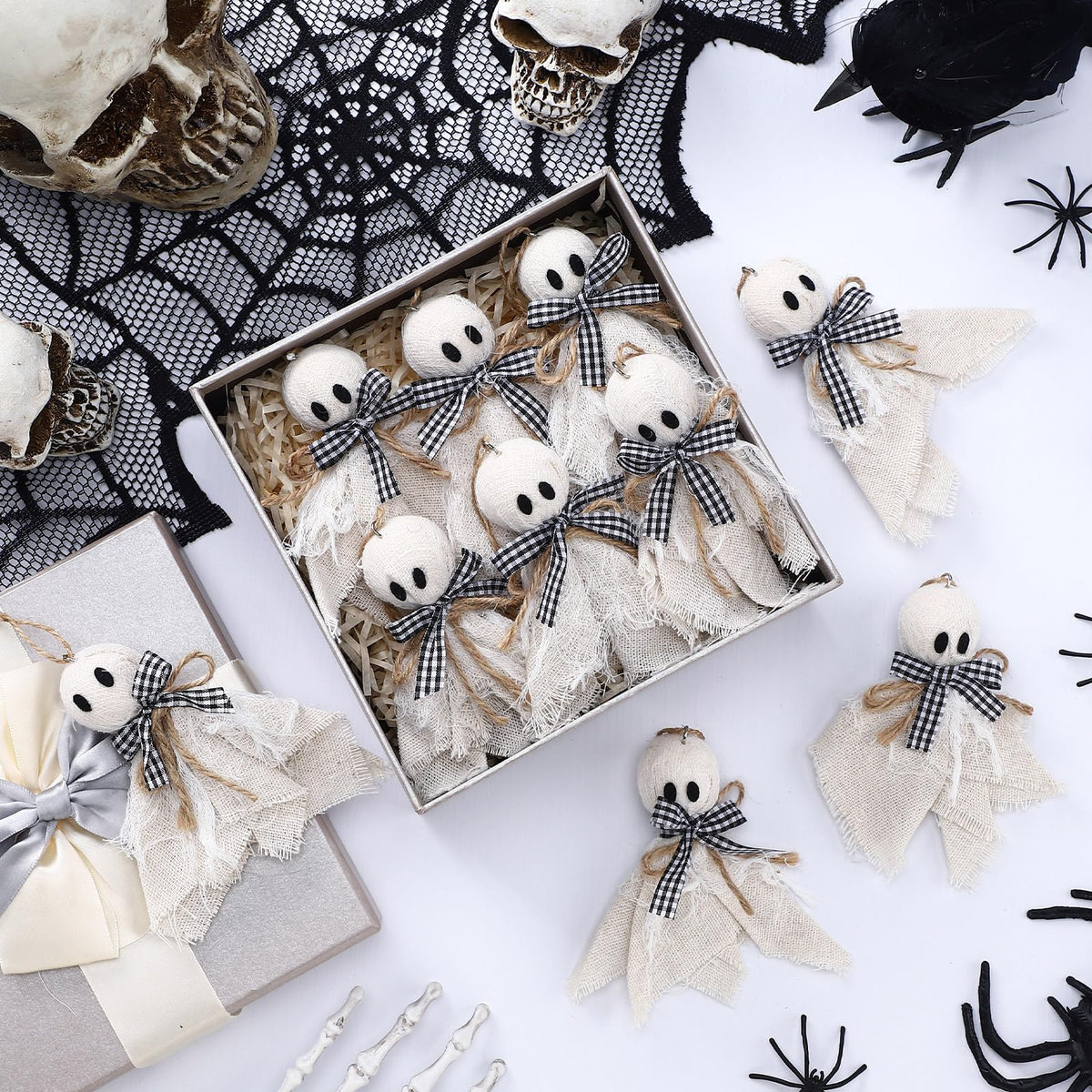 Leinuosen 16 Pcs Halloween Ghost Hanging Ornaments 4 Inch Small Hanging Ghost Tree Ornaments Farmhouse Rustic Boo Decoration for Haunted House Party Front Yard Porch Patio Lawn Garden Decor