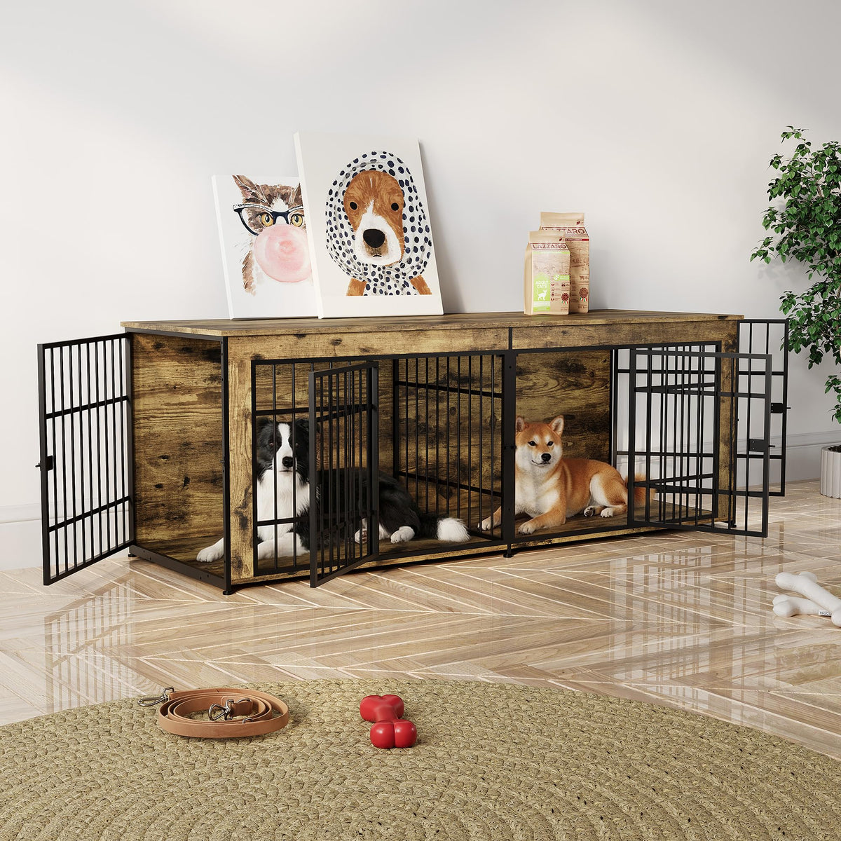 GarveeLife 78.7" Heavy Duty Dog Crate Furniture, Dog Cage Furniture with Divider,Wooden Kennel Indoor TV Stand End Table for Large/Medium Dogs, Rustic Brown