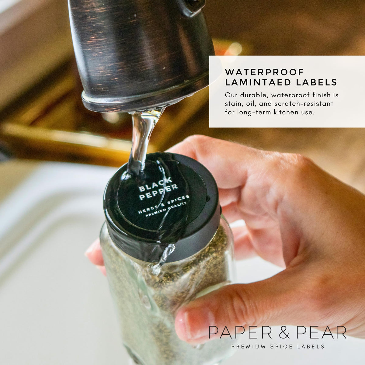 Modern Style Round Black Spice Labels Stickers Preprinted Waterproof by Paper & Pear - Oil Resistant Kitchen Pantry Labels for Home Improvement - 1.35 Inches Pantry Stickers - Set of 80 (No Jars)