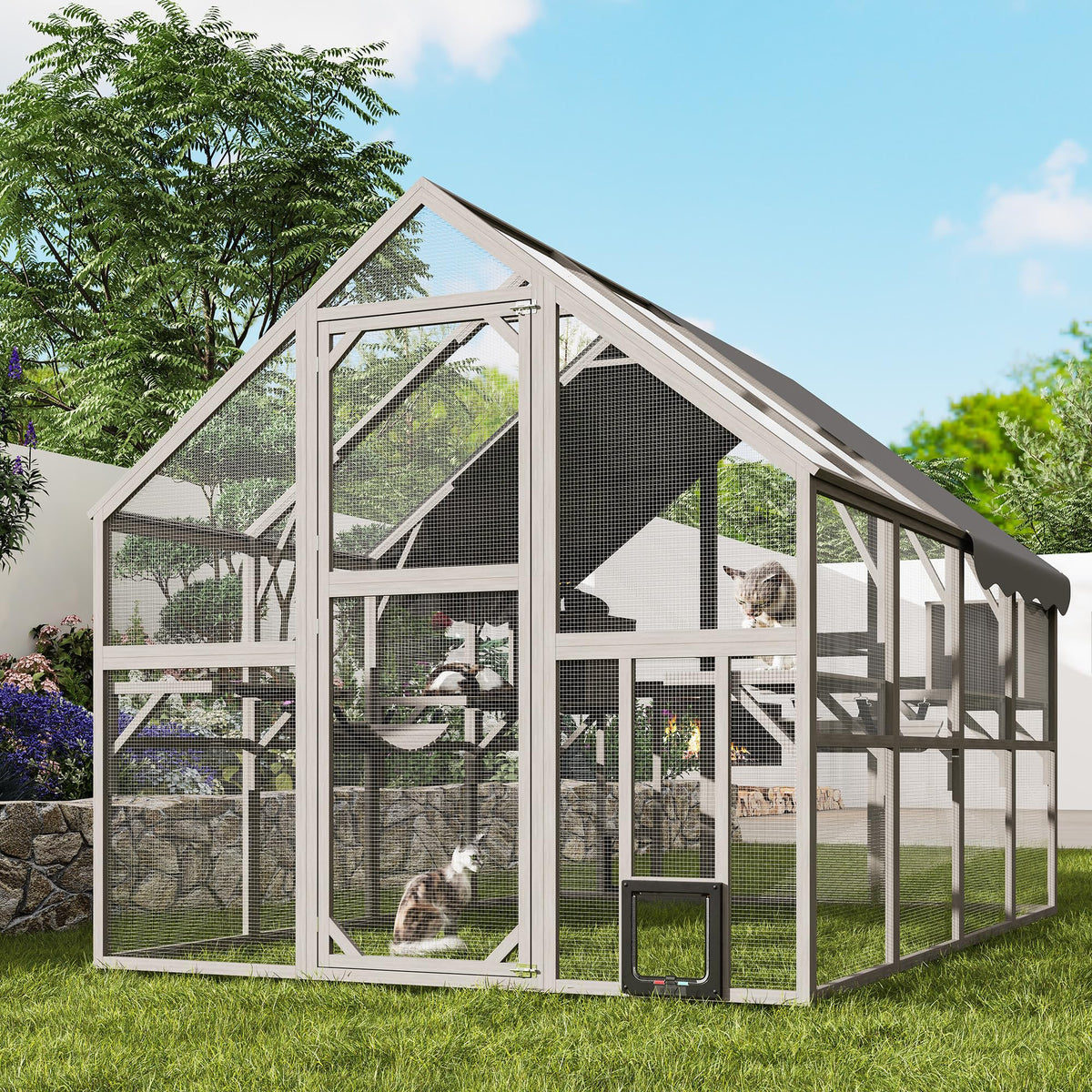Fansafurn Extra Large Catio – Walk-in Outdoor Cat Enclosure for Multiple Cats, 110" Multi-Level Wood Cat Patio Playpen with Weatherproof Roof, Bridges, Condos and Door Access