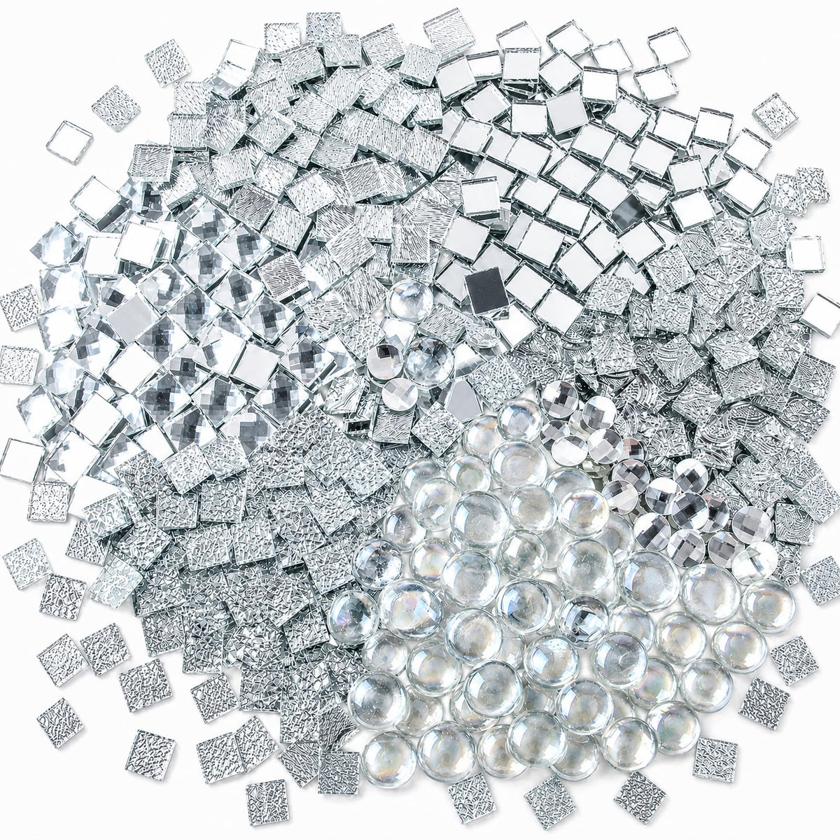 CHICSHIS 1000g Real Mirror Glass Mosaic Tiles for DIY, Silver Textured Square Tiles (15mm) with Iridescent Glass Gems, Mixed Shapes Stained Glass Set for Mosaic Art & Home Décor Projects