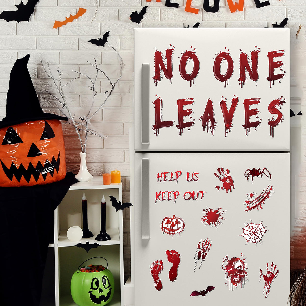 Halloween Car Magnet Decoration 27Pcs, Magnetic Bloody No One Leaves Refrigerator Garage Door Stickers, Holiday Help Us Keep Out Bat Spider Car Magnet Decal for Halloween Decoration Party Supplies