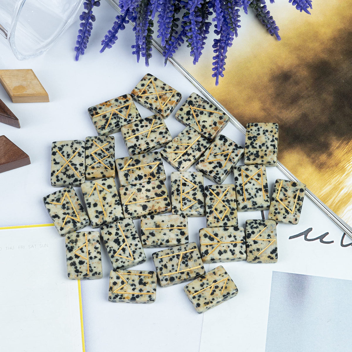 Crocon Dalmatian Jasper Rectangle Shape Gemstone Runes with Elder Futhark Alphabet Engraved 25 pcs Rune Set Crystal Divination Metaphysical Healing Chakra Reiki Runes Set with a Pouch Size : 20-25mm