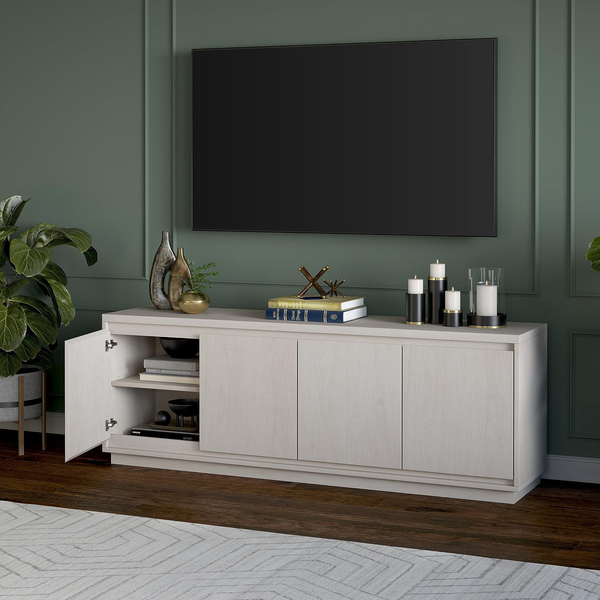Henn&Hart TV Stand for TVs up to 75'' with 2 Concealed Storage Cabinets and Adjustable Shelves for Living Room, Family Room, or Office, Alder White