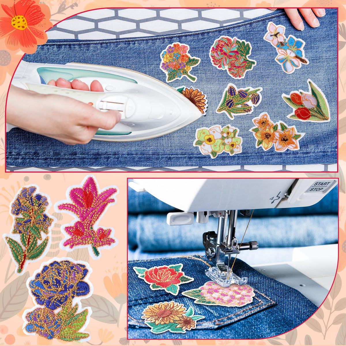 Thiccywoov 60 Pcs Flower Iron on Patches Bulk Embroidered Spring Floral Iron on Hat Patch Rose Sunflower Lily Daisy Peony Tulip Applique Sew on for Hat Clothing Shirt Backpack Jeans Pants DIY Craft