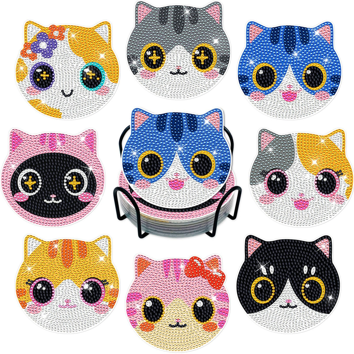 ZTOTZ Cat Diamond Art Painting Coaster Kit, 8Pcs DIY Cute Cat Face Diamond Crafts Kit with Holder, Non Slip Coaster Art Supplies for Adults, The Perfect Christmas and Holiday Gifts