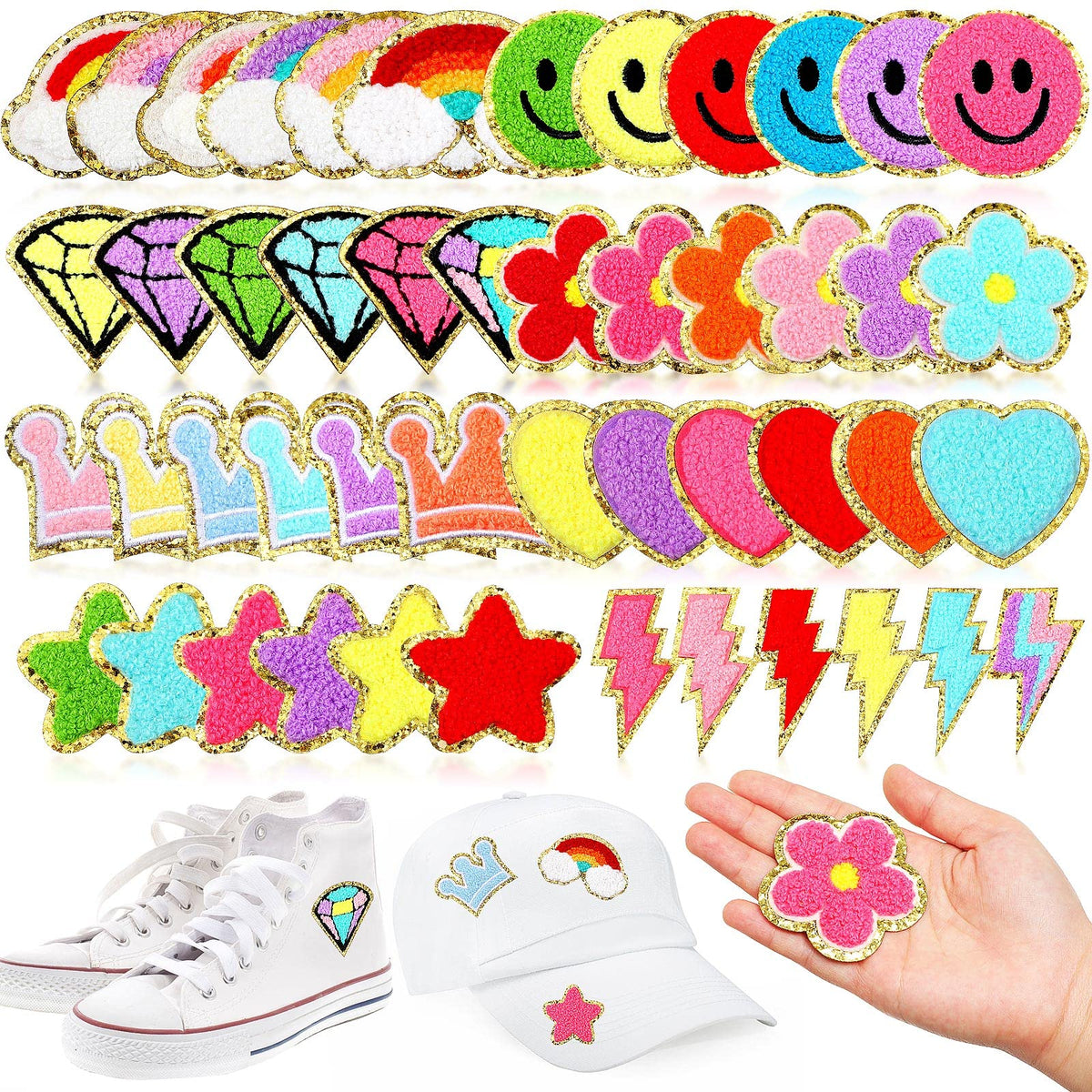 Yilloog 48 Pcs Self Adhesive Iron on Patches Chenille Embroidered Iron Sew on Patches Applique Santa Snowman Gingerbread DIY Accessory for Clothes Hats Jeans Dress Socks(Vivid)
