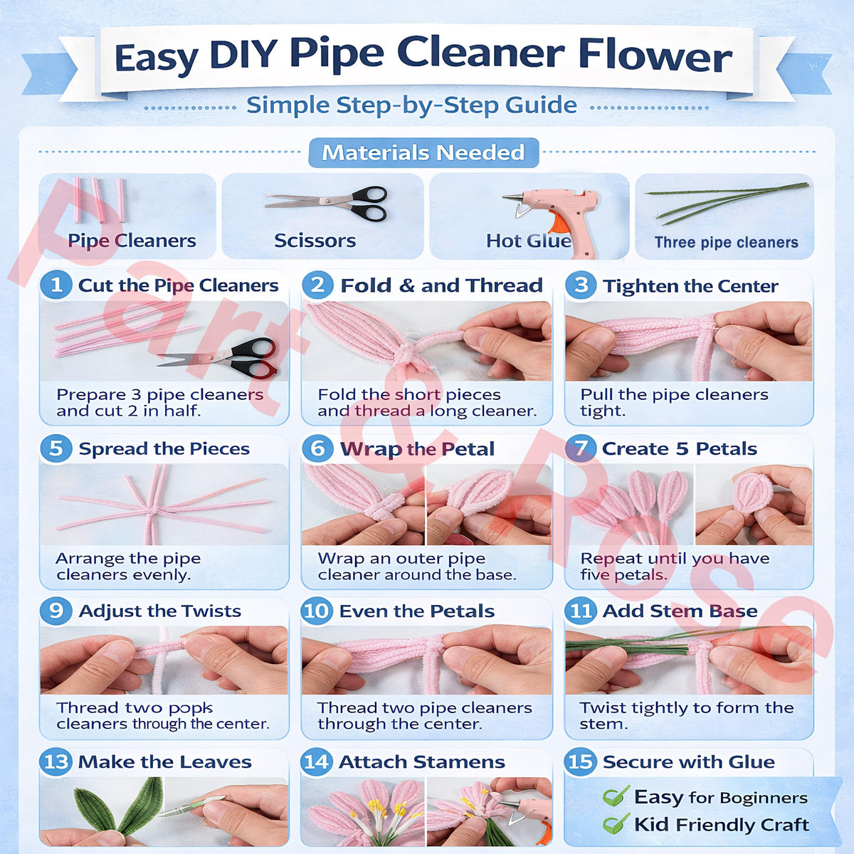 Party Rose 650PCS Pipe Cleaners Craft, Pipe Cleaner Bulk Flower Kit, 6 Colors Chenille Stems Flower Making Kit with Floral Wires, Gardening Tape, Stamens