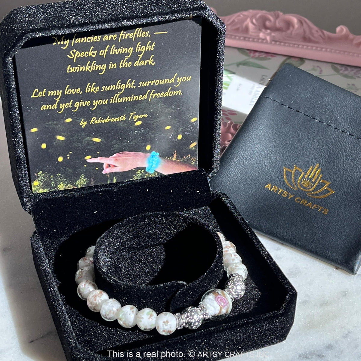ARTSY Crafts Glow in the Dark Firefly Beads Bracelet for Women, Luminous Glass Beads Healing Crystal Glowing Beaded Bracelets, Mermaid Bracelet, Stretch Stackable Bangle Wristband (White)