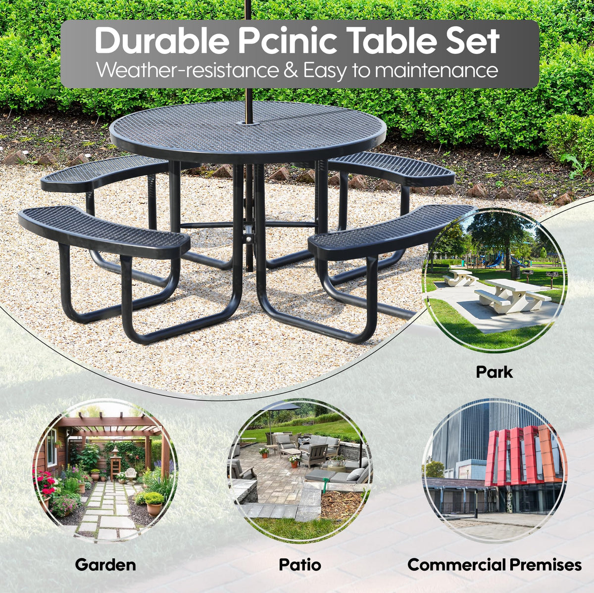 Sunnibety 8-Person Picnic Tables for Outdoors, Industrial 46" Expanded Metal Round Picnic Table with 4 Benches & Umbrella Hole, Outside Table and Bench Set for Park, Garden, Backyard, Patio, Black