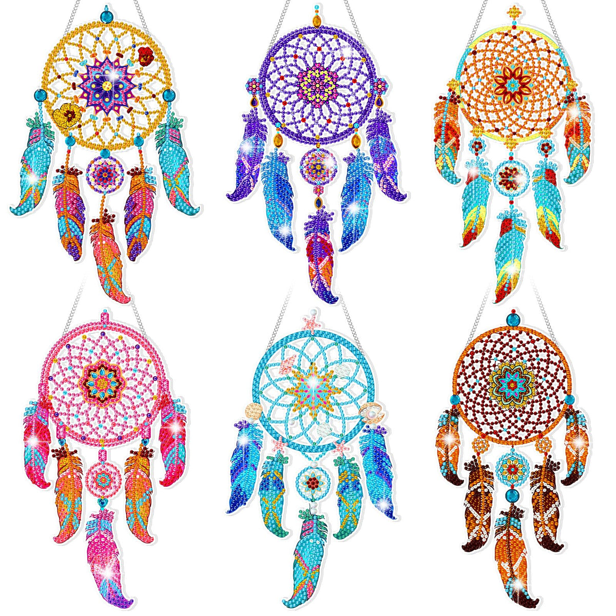 Honoson 6 Pcs Mandala Dream Catcher Diamond Painting Kits for Adults Suncatcher Diamond Art Hanging Kits Wind Chimes 5D Rhinestone Suncatcher Crystal Hanging Ornament for DIY Craft Window Home Decor