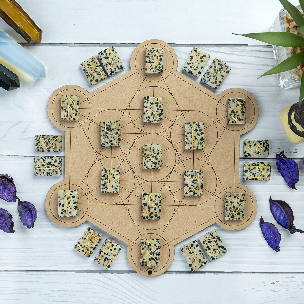 Crocon Dalmatian Jasper Rectangle Shape Gemstone Runes with Elder Futhark Alphabet Engraved 25 pcs Rune Set Crystal Divination Metaphysical Healing Chakra Reiki Runes Set with a Pouch Size : 20-25mm