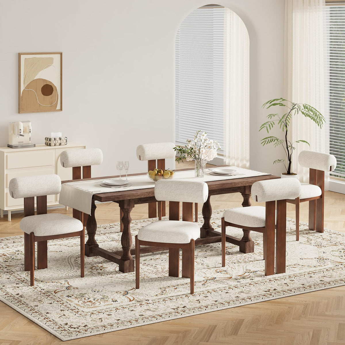 MALOL Modern Wooden Dining Chairs Set of 6, Upholstered Fabric Kitchen Chairs with Sculptural Backrest, Mid-Century Farmhouse Dining Room Chairs with Solid Wood Legs, Beige