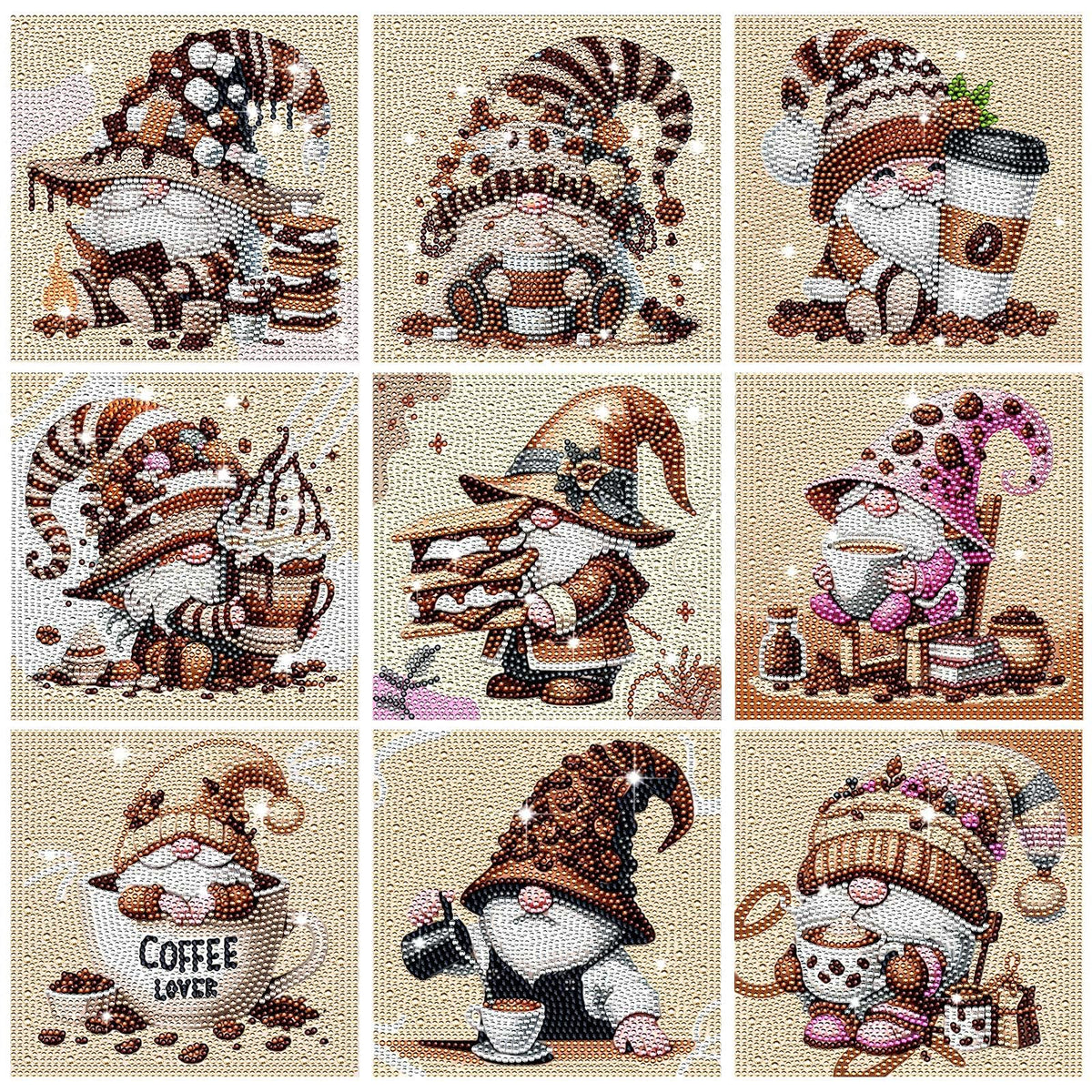 TecUnite 9 Pcs Coffee Gnomes Diamond Painting Art Diamond Painting Kit for Beginners DIY Rhinestone Gem Crafts for Christmas Home Wall Decor 6 x 6 Inch