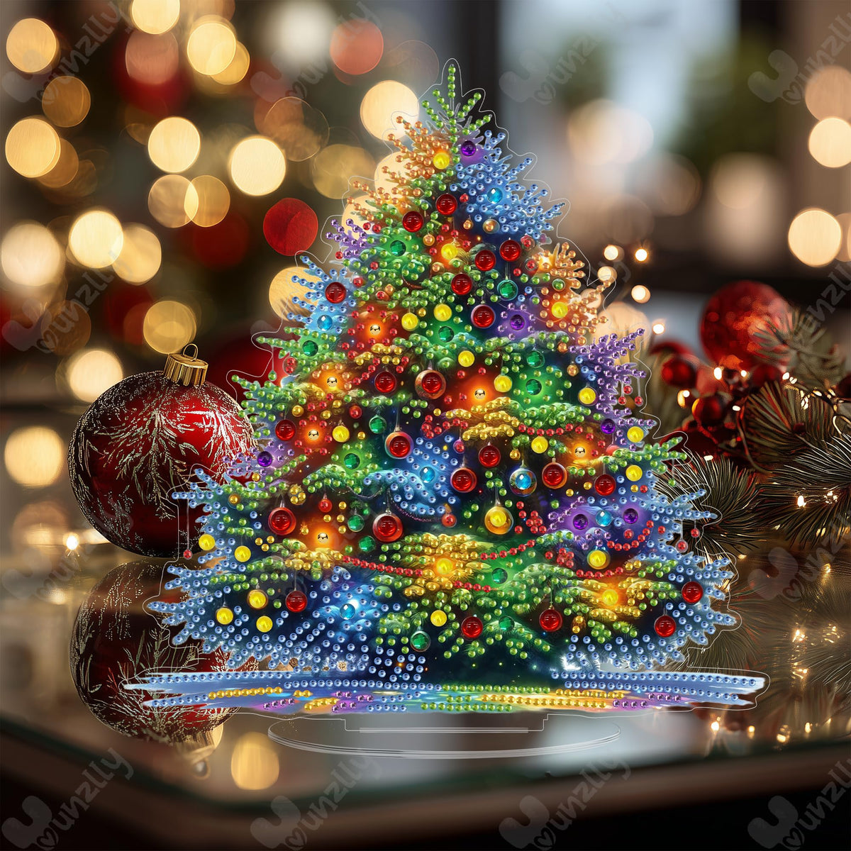 Yunzlly Tabletop Christmas Diamond Art Painting Kit, Desktop Gem Painting Ornament Kit for Adults, Table Top Acrylic Diamond Board Painting with Stand (Christmas Tree)